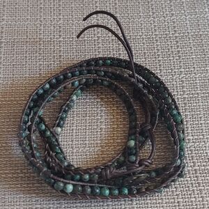 Handmade Green Clay Bead & Brown Leather Wrap Bracelet